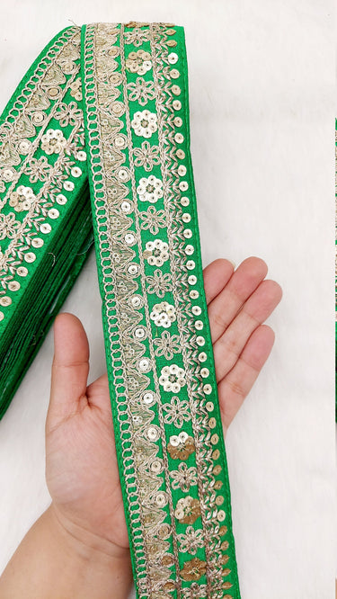 Art Silk Fabric Trim With Gold Floral Embroidery, Floral Sequins Sari Border, Trim By 9 Yards